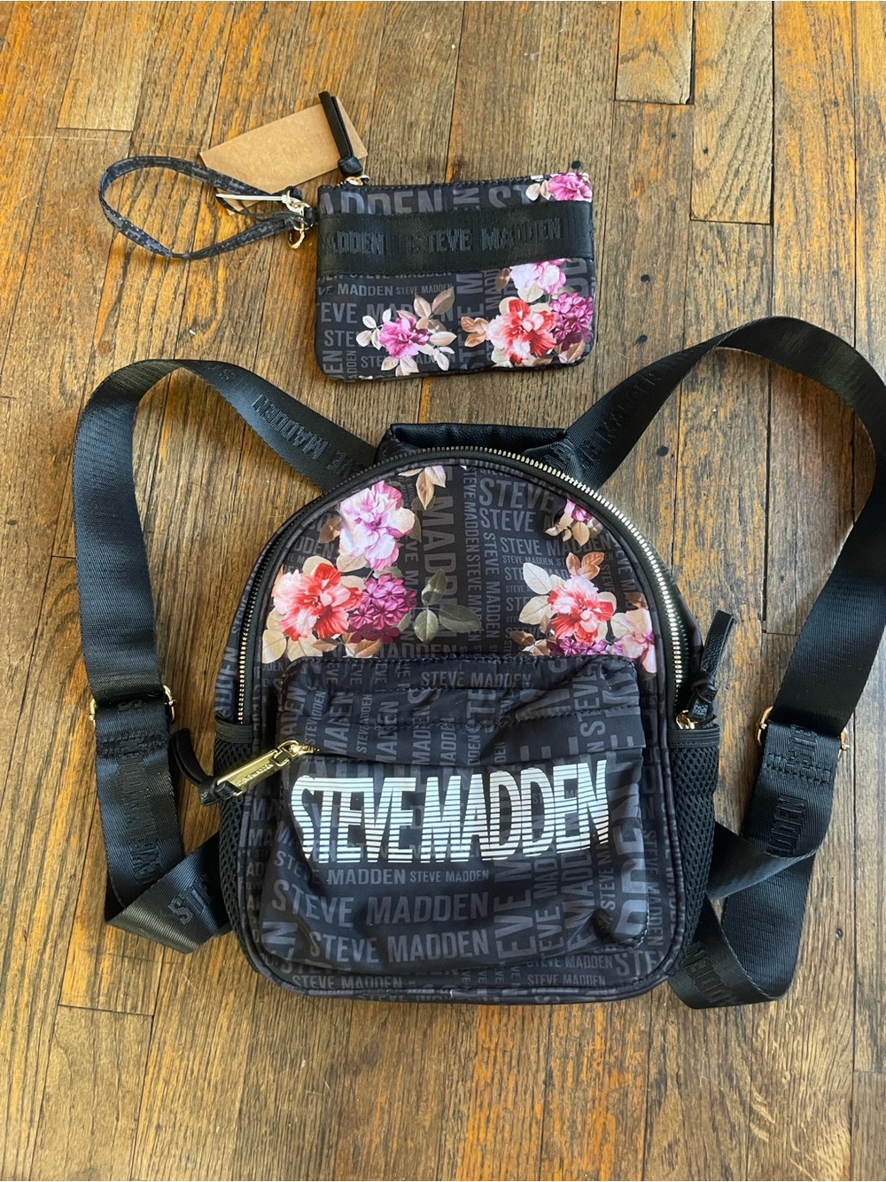 Steve Madden Black Floral Mini Backpack with Matching Floral Wristlet